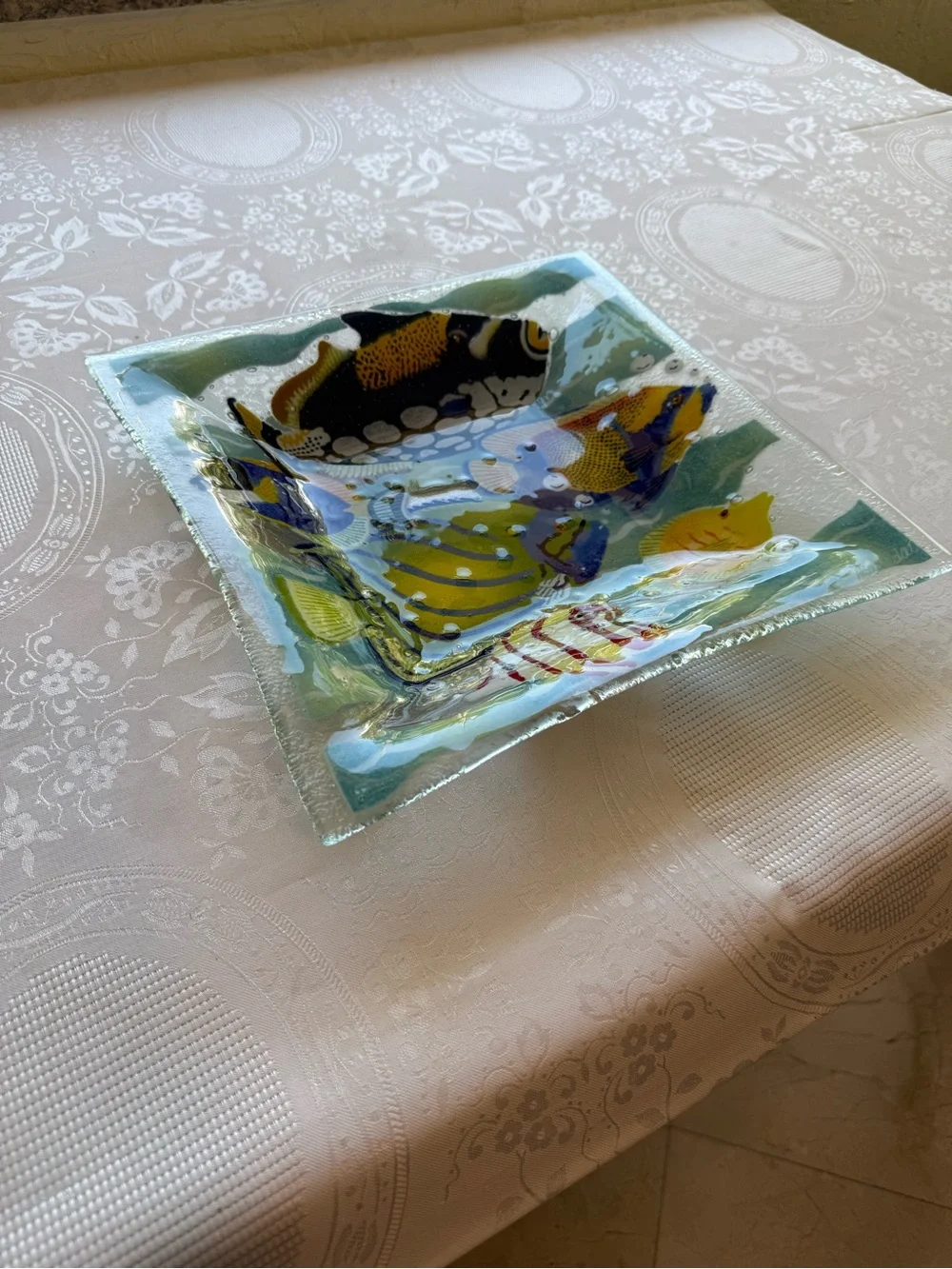 Peggy Karr Fused 12” Glass Multicolor Tropical Fish Decorative Art Plaque Bowl